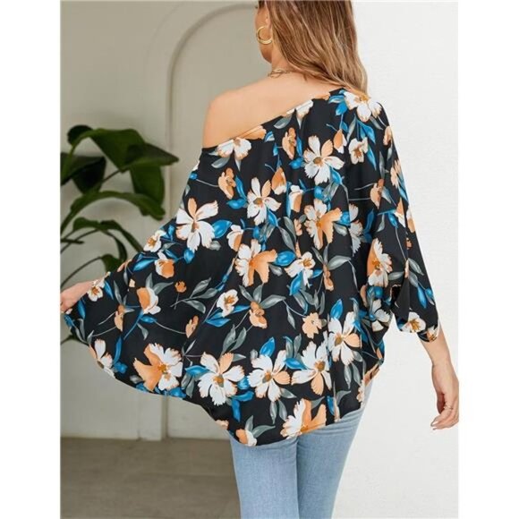 Multi Floral Print Chiffon‎  Off Shoulder Flowy Top Batwing Sleeve Blouse Shirt - Picture 4 of 5
